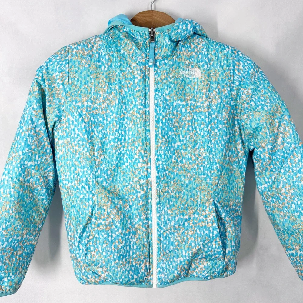 The North Face REVERSIBLE Puffer Jacket Girls Size Medium Blue Turquoise Orange